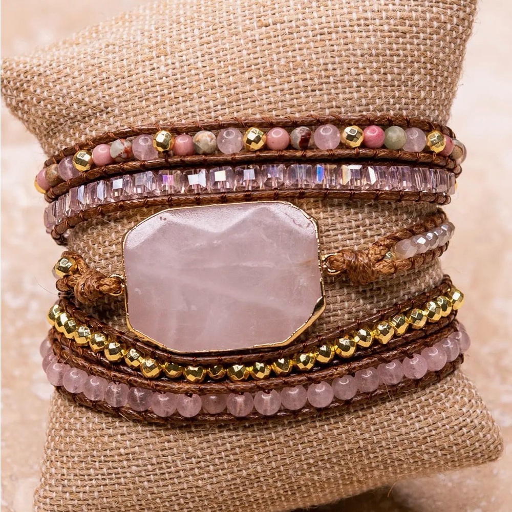 Multistrand Rose Quartz & Gold Wrap Bracelet